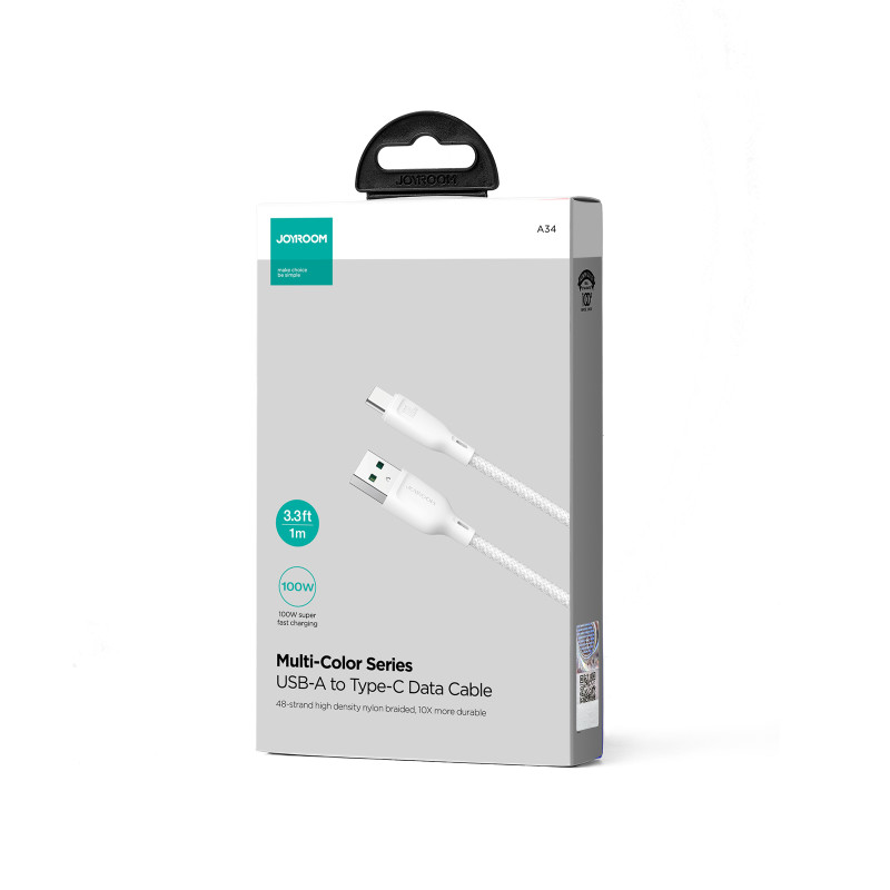 „Joyroom“ kelių spalvų serija SA34-AC6 USB-A / USB-C laidas, 100 W greitas perdavimas, 1 m – baltas
