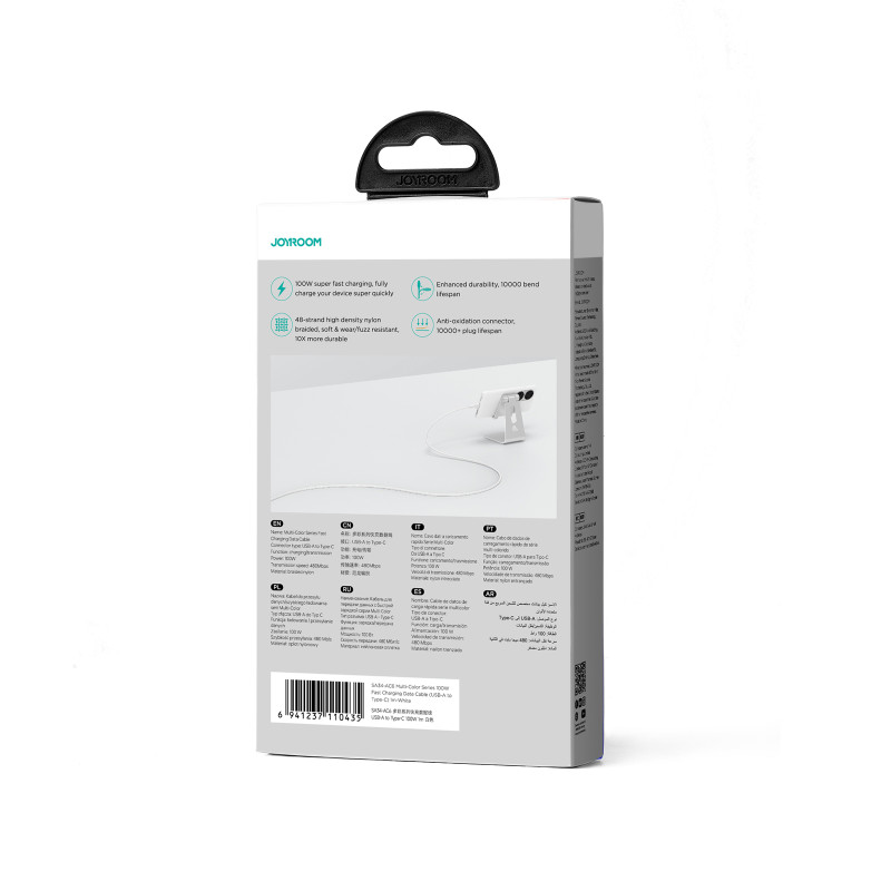 „Joyroom“ kelių spalvų serija SA34-AC6 USB-A / USB-C laidas, 100 W greitas perdavimas, 1 m – baltas