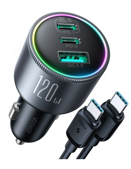 Joyroom JR-CCN07 automobilinis įkroviklis 120W 2xUSB-C USB-A + USB-C laidas 100W - tamsiai pilka Joyroom JR-CCN07 automobilinis įkroviklis 120W 2xUSB-C USB-A + USB-C laidas 100W - tamsiai pilka