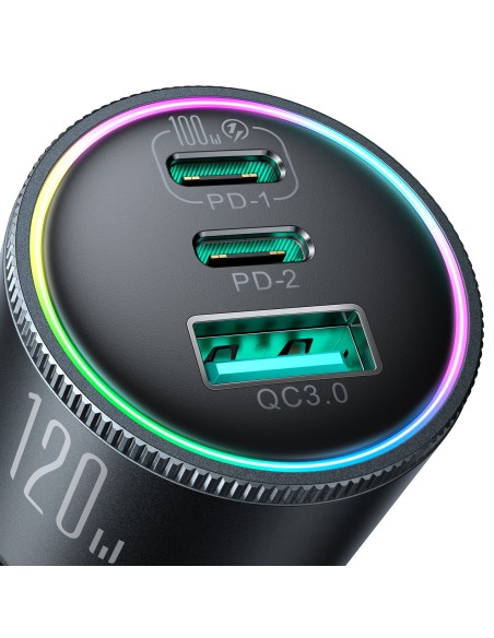 Joyroom JR-CCN07 automobilinis įkroviklis 120W 2xUSB-C USB-A + USB-C laidas 100W - tamsiai pilka Joyroom JR-CCN07 automobilinis įkroviklis 120W 2xUSB-C USB-A + USB-C laidas 100W - tamsiai pilka