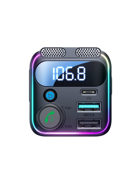 Joyroom JR-CCB01 48W FM siųstuvas 2x USB-A USB-C su dvigubu mikrofonu - juodas Joyroom JR-CCB01 48W FM siųstuvas 2x USB-A USB-C su dvigubu mikrofonu - juodas