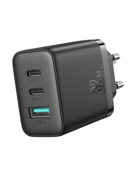 Joyroom JR-TCF10 greitas įkroviklis 2x USB-C USB-A 32W - juodas Joyroom JR-TCF10 greitas įkroviklis 2x USB-C USB-A 32W - juodas