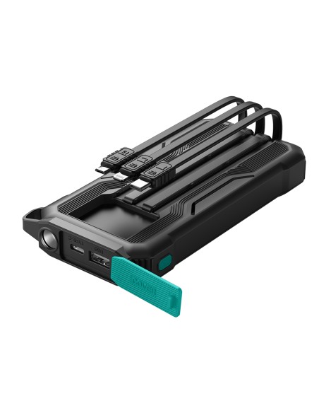 Powerbank 10000mAh Joyroom JR-L016 su įmontuotais USB-C/ mikro USB/ Lightning laidais – juodas