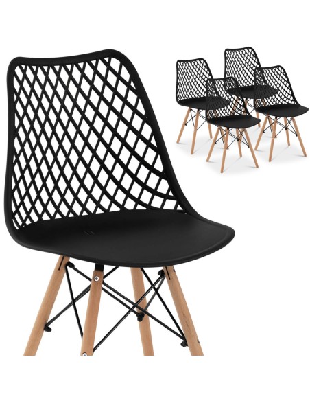 Skandinaviška ažūrinė kėdė su medinėmis kojelėmis virtuvei svetainei maks.150kg 4vnt.