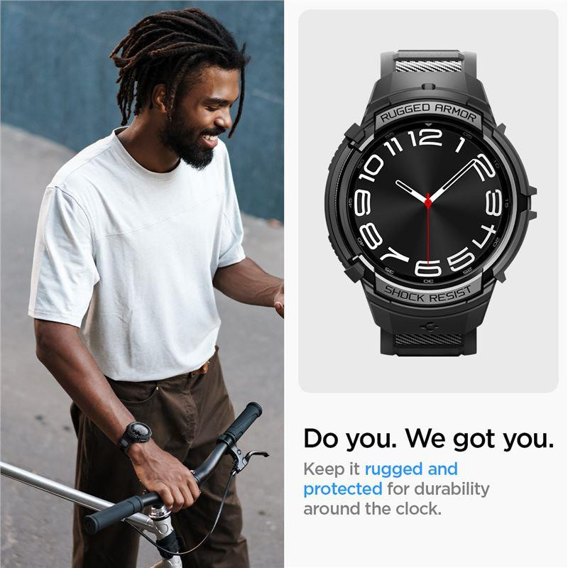 Spigen Rugged Armor Pro dėklas su dirželiu, skirtas Samsung Galaxy Watch 6 Classic (43 mm) - juodas