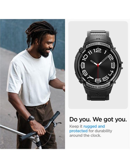 Spigen Rugged Armor Pro dėklas su dirželiu, skirtas Samsung Galaxy Watch 6 Classic (43 mm) - juodas Spigen Rugged Armor Pro dėklas su dirželiu, skirtas Samsung Galaxy Watch 6 Classic (43 mm) - juodas