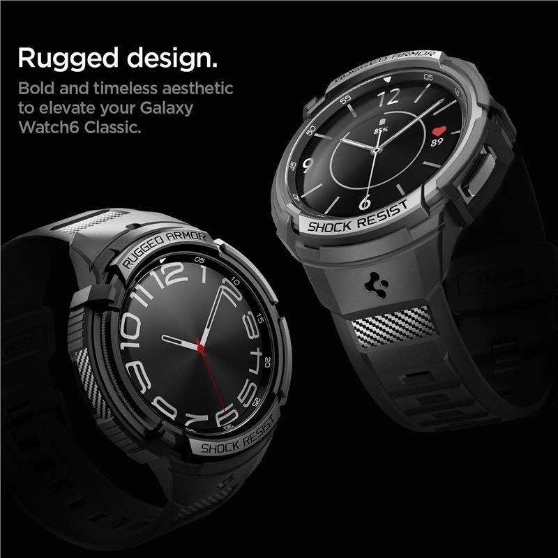 Spigen Rugged Armor Pro dėklas su dirželiu, skirtas Samsung Galaxy Watch 6 Classic (43 mm) - juodas