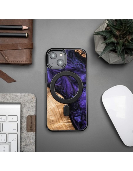 Medinis ir dervos dėklas skirtas iPhone 14 MagSafe Bewood Unique Violet - violetinė ir juoda Medinis ir dervos dėklas skirtas iPhone 14 MagSafe Bewood Unique Violet - violetinė ir juoda