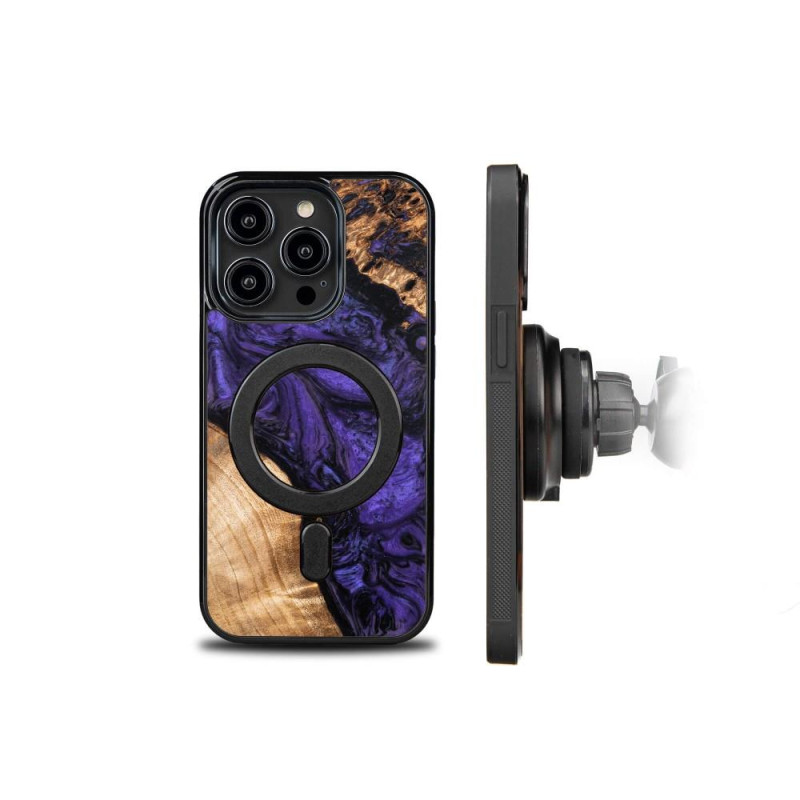 Medinis ir dervos dėklas skirtas iPhone 14 Pro MagSafe Bewood Unique Violet - violetinė ir juoda