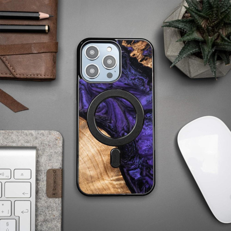 Medinis ir dervos dėklas, skirtas iPhone 14 Pro Max MagSafe Bewood Unique Violet - violetinė ir juoda