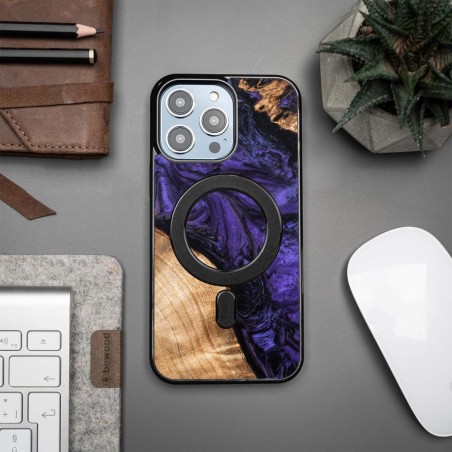 Medinis ir dervos dėklas, skirtas iPhone 14 Pro Max MagSafe Bewood Unique Violet - violetinė ir juoda