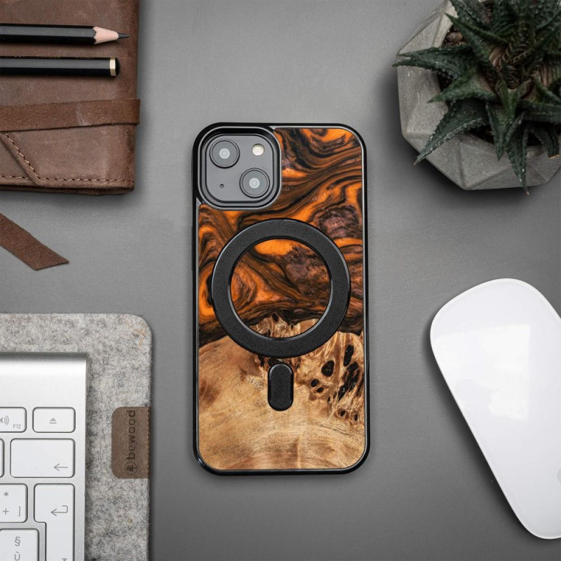 Medinis ir dervos dėklas iPhone 14 MagSafe Bewood Unique Orange - oranžinė ir juoda
