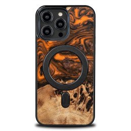 Medinis ir dervos dėklas iPhone 14 Pro Max MagSafe Bewood Unique Orange - oranžinė ir juoda