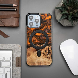Medinis ir dervos dėklas iPhone 14 Pro Max MagSafe Bewood Unique Orange - oranžinė ir juoda