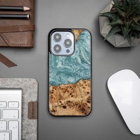Medinis ir dervos dėklas skirtas iPhone 14 Pro Bewood Unique Uranus - mėlyna ir balta Medinis ir dervos dėklas skirtas iPhone 14 Pro Bewood Unique Uranus - mėlyna ir balta