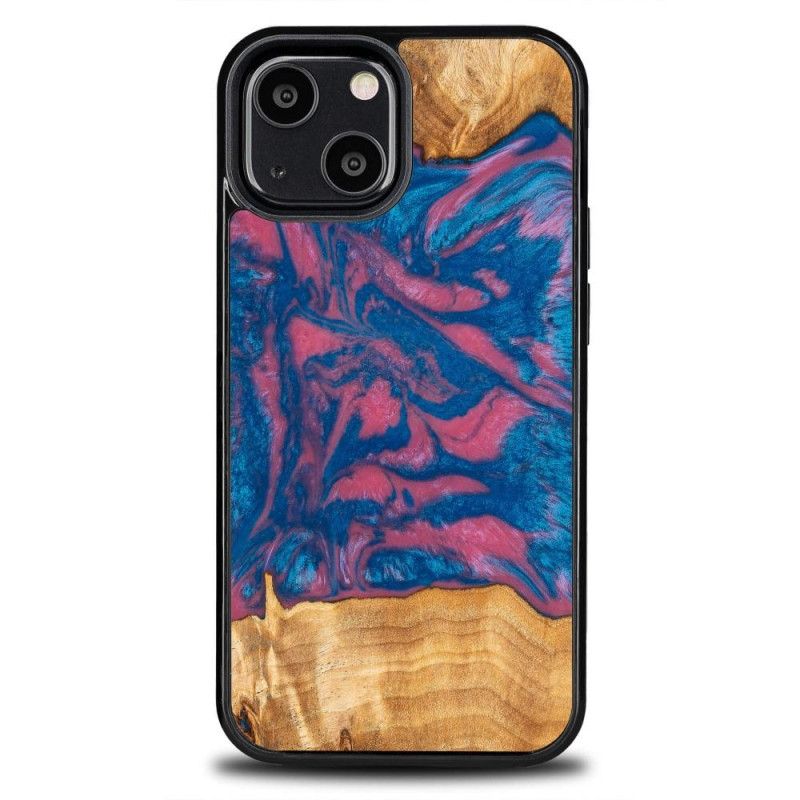 Medinis ir dervos dėklas, skirtas iPhone 13 Mini Bewood Unique Vegas - rožinė ir mėlyna Medinis ir dervos dėklas, skirtas iPhone 13 Mini Bewood Unique Vegas - rožinė ir mėlyna
