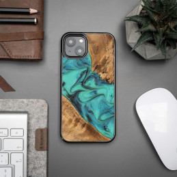 Medinis ir dervos dėklas iPhone 13 Bewood Unique Turquoise - turkis ir juodas