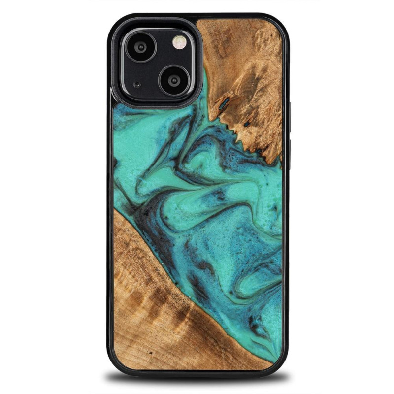 Medinis ir dervos dėklas iPhone 13 Mini Bewood Unique Turquoise - turkis ir juodas