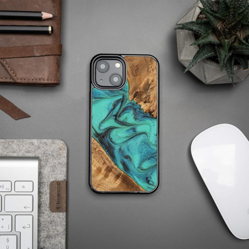 Medinis ir dervos dėklas iPhone 13 Mini Bewood Unique Turquoise - turkis ir juodas