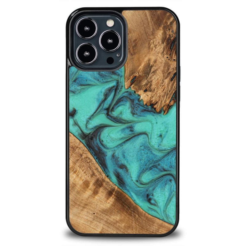 Medinis ir dervos dėklas, skirtas iPhone 13 Pro Max Bewood Unique Turquoise - turkis ir juodas