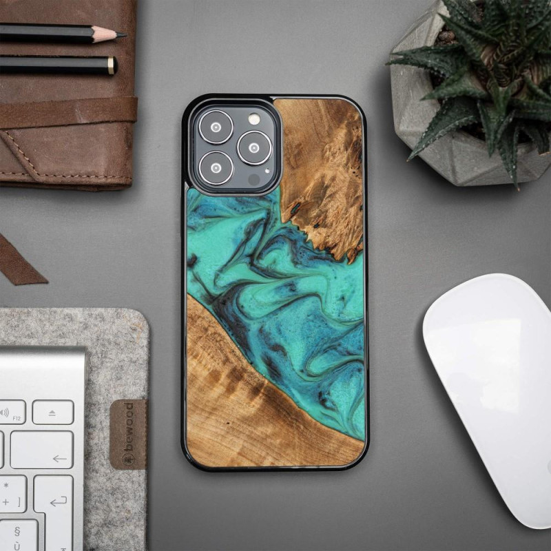 Medinis ir dervos dėklas, skirtas iPhone 13 Pro Max Bewood Unique Turquoise - turkis ir juodas