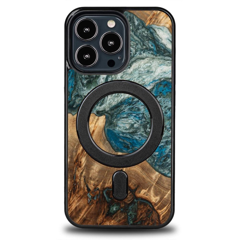 Medinis ir dervos dėklas iPhone 13 Pro MagSafe Bewood Unique Planet Earth - mėlynai žalias