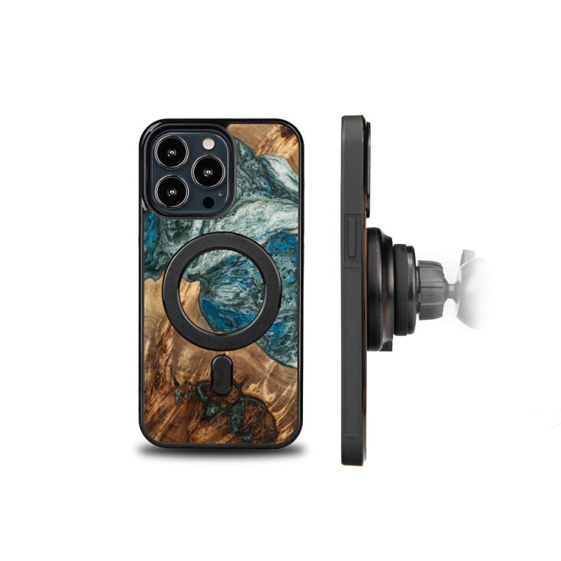Medinis ir dervos dėklas iPhone 13 Pro MagSafe Bewood Unique Planet Earth - mėlynai žalias