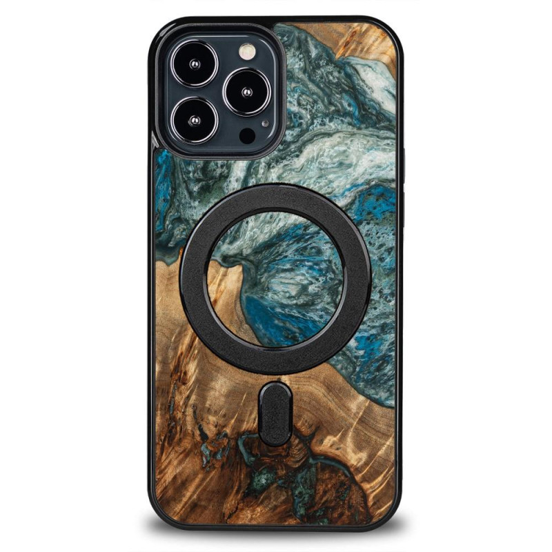 Medinis ir dervos dėklas iPhone 13 Pro Max MagSafe Bewood Unique Planet Earth - mėlynai žalias Medinis ir dervos dėklas iPhone 13 Pro Max MagSafe Bewood Unique Planet Earth - mėlynai žalias