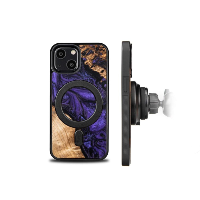 Medinis ir dervos dėklas skirtas iPhone 13 Mini MagSafe Bewood Unique Violet - violetinė ir juoda