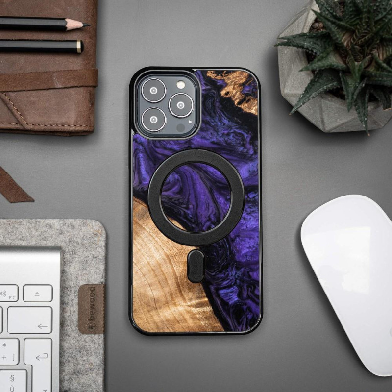 Medinis ir dervos dėklas, skirtas iPhone 13 Pro Max MagSafe Bewood Unique Violet - violetinė ir juoda