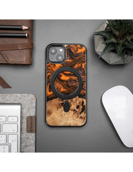 Medinis ir dervos dėklas iPhone 13 MagSafe Bewood Unique Orange - oranžinė ir juoda