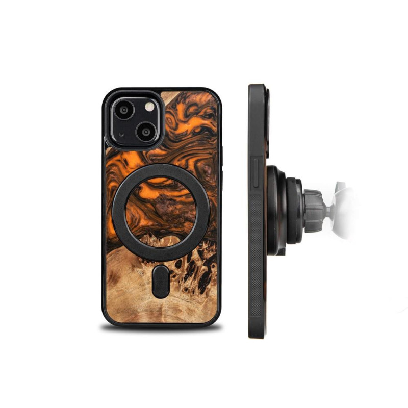 Medinis ir dervos dėklas iPhone 13 Mini MagSafe Bewood Unique Orange - oranžinė ir juoda