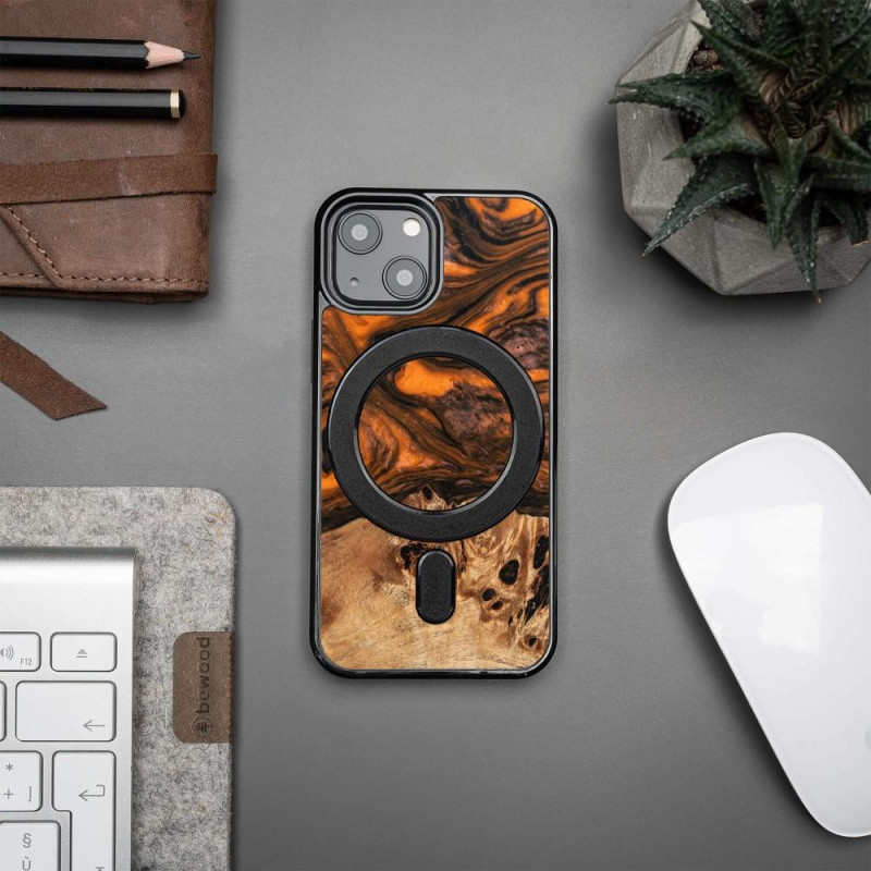 Medinis ir dervos dėklas iPhone 13 Mini MagSafe Bewood Unique Orange - oranžinė ir juoda