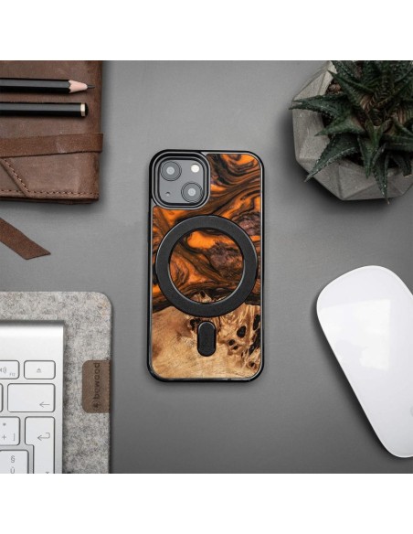 Medinis ir dervos dėklas iPhone 13 Mini MagSafe Bewood Unique Orange - oranžinė ir juoda Medinis ir dervos dėklas iPhone 13 Mini MagSafe Bewood Unique Orange - oranžinė ir juoda