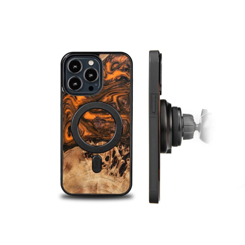 Medinis ir dervos dėklas iPhone 13 Pro MagSafe Bewood Unique Orange - oranžinė ir juoda