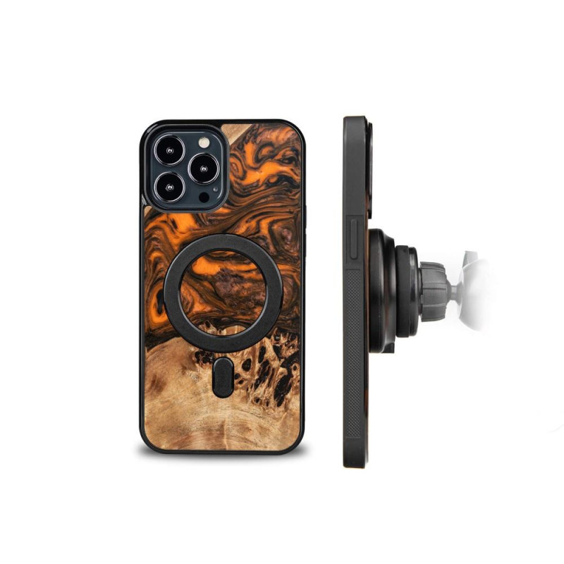 Medinis ir dervos dėklas, skirtas iPhone 13 Pro Max MagSafe Bewood Unique Orange - oranžinė ir juoda