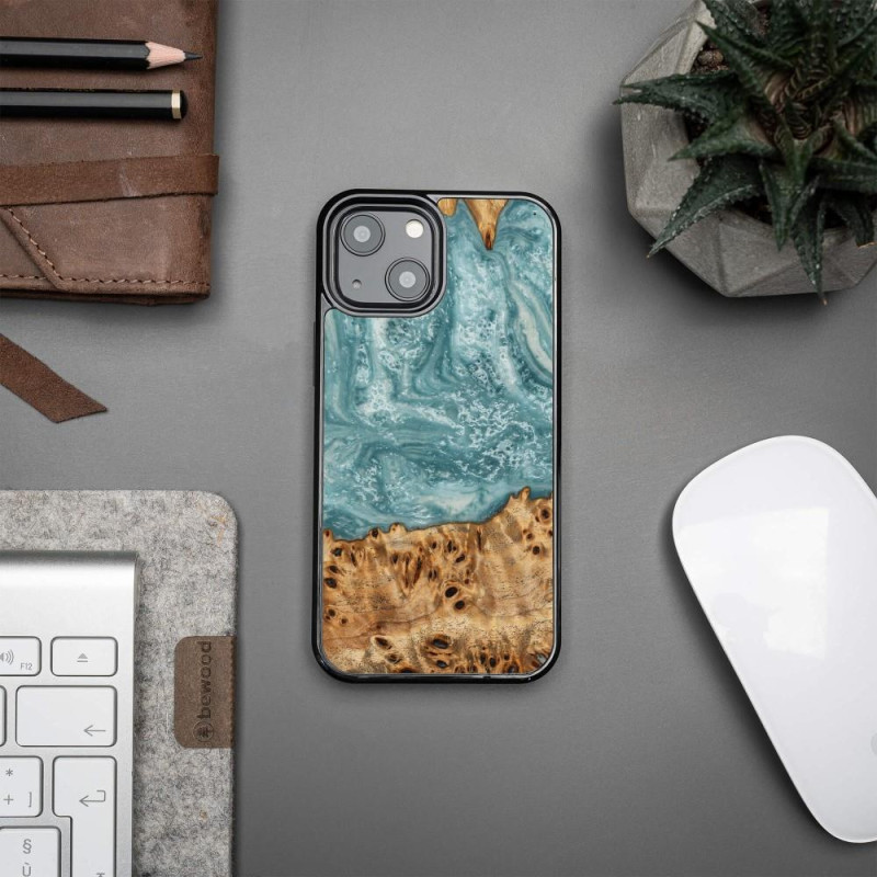 Medinis ir dervos dėklas iPhone 13 Mini Bewood Unique Uranus - mėlynos ir baltos spalvos