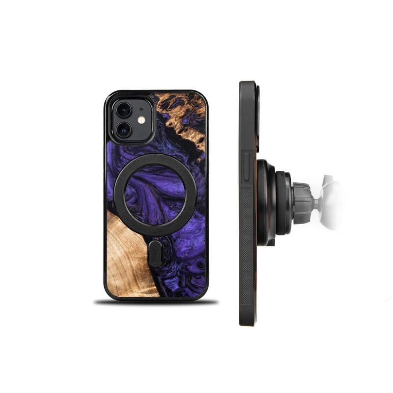 Medinis ir dervos dėklas skirtas iPhone 12/ 12 Pro MagSafe Bewood Unique Violet - violetinė ir juoda