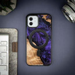 Medinis ir dervos dėklas skirtas iPhone 12/ 12 Pro MagSafe Bewood Unique Violet - violetinė ir juoda
