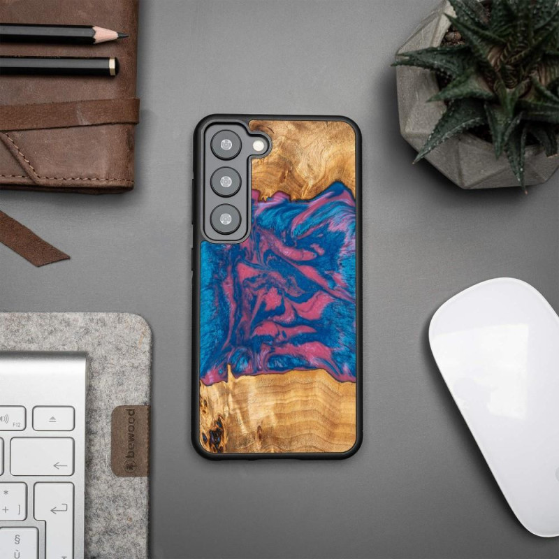 Medinis ir dervos dėklas, skirtas Samsung Galaxy S23 Bewood Unique Vegas - rožinė ir mėlyna