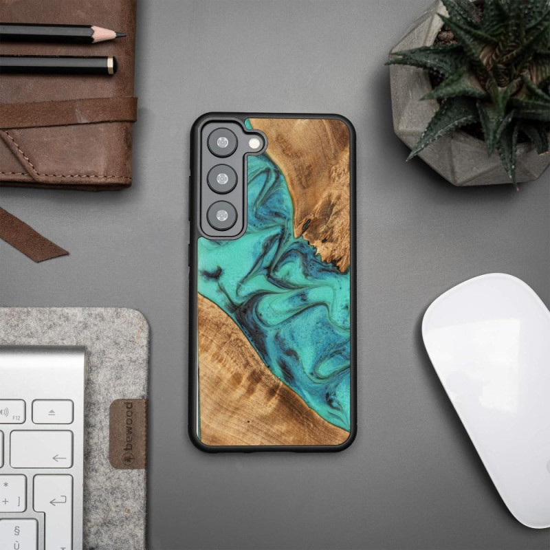 Medinis ir dervos dėklas Samsung Galaxy S23 Bewood Unique Turquoise - turkis ir juodas