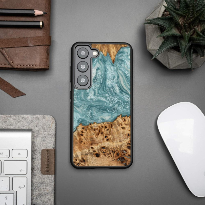 Medinis ir dervos dėklas Samsung Galaxy S23 Bewood Unique Uranus - mėlynos ir baltos spalvos