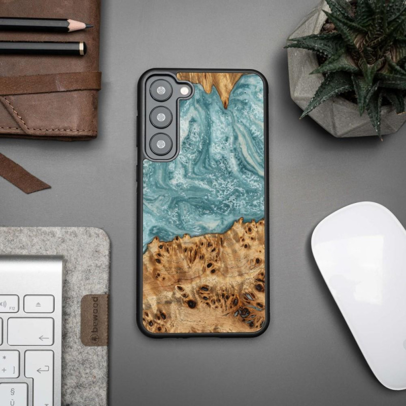 Medinis ir dervos dėklas Samsung Galaxy S23 Plus Bewood Unique Uranus - mėlynos ir baltos spalvos