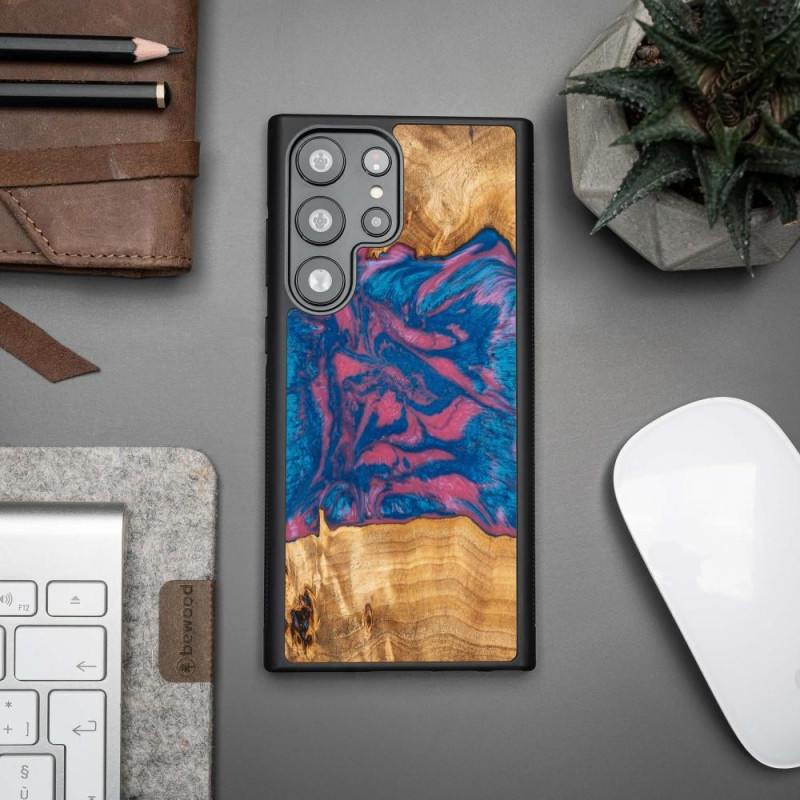 Medinis ir dervos dėklas, skirtas Samsung Galaxy S23 Ultra Bewood Unique Vegas - rožinė ir mėlyna