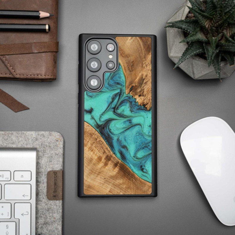 Medinis ir dervos dėklas, skirtas Samsung Galaxy S23 Ultra Bewood Unique Turquoise - turkis ir juodas