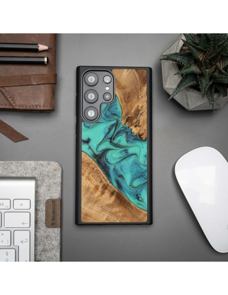 Medinis ir dervos dėklas, skirtas Samsung Galaxy S23 Ultra Bewood Unique Turquoise - turkis ir juodas Medinis ir dervos dėklas, skirtas Samsung Galaxy S23 Ultra Bewood Unique Turquoise - turkis ir juodas