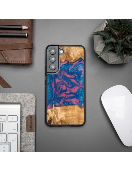 Medinis ir dervos dėklas, skirtas Samsung Galaxy S22 Bewood Unique Vegas - rožinė ir mėlyna
