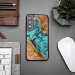 Medinis ir dervos dėklas Samsung Galaxy S22 Bewood Unique Turquoise - turkis ir juodas