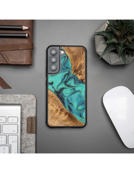 Medinis ir dervos dėklas Samsung Galaxy S22 Bewood Unique Turquoise - turkis ir juodas