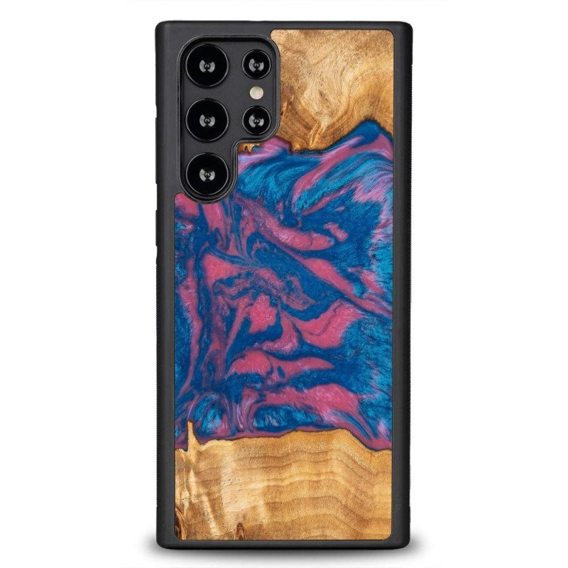 Medinis ir dervos dėklas, skirtas Samsung Galaxy S22 Ultra Bewood Unique Vegas - rožinė ir mėlyna Medinis ir dervos dėklas, skirtas Samsung Galaxy S22 Ultra Bewood Unique Vegas - rožinė ir mėlyna
